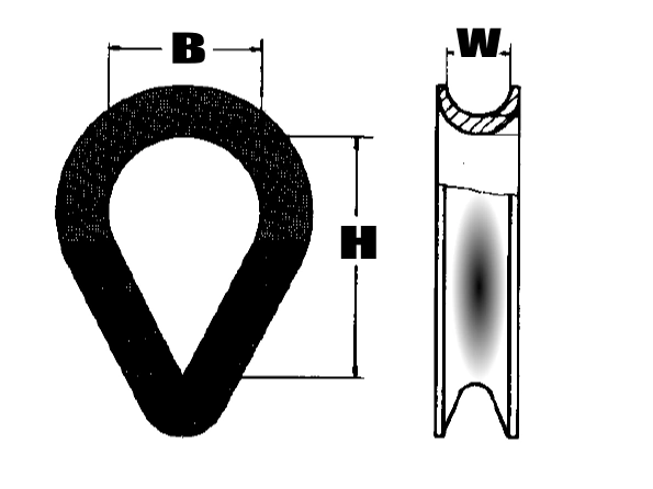 Drawing of a thimble with the dimensions B, H and W